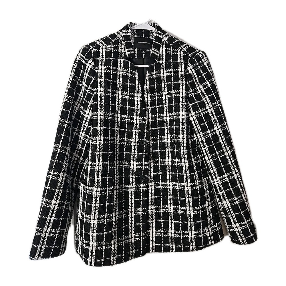 Banana Republic Size‎ Medium Blazer Jacket Black White Plaid
